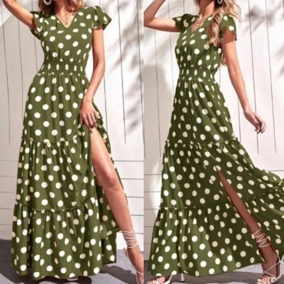 MODA ME COUTURE Dresses & Skirts - Boho polka dot print ruffle hem maxi dress GREEN